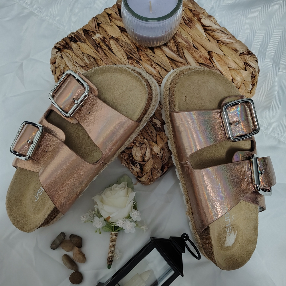 Metallic Rose Gold Sandals with Buckles
